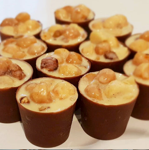 Choc Cups with white choc, salted caramel & nutty filling